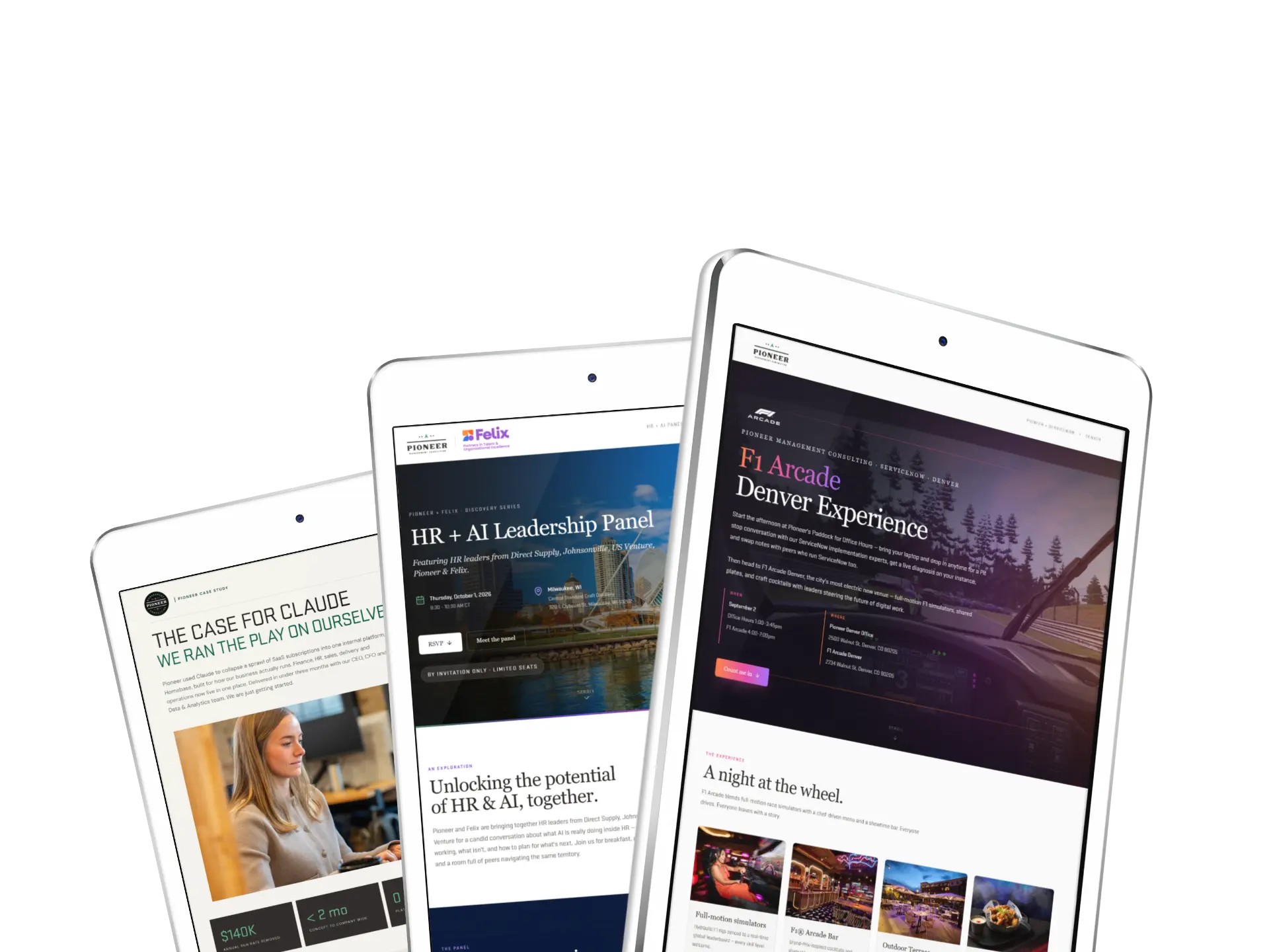 Pioneer event landing pages shown on three tablets