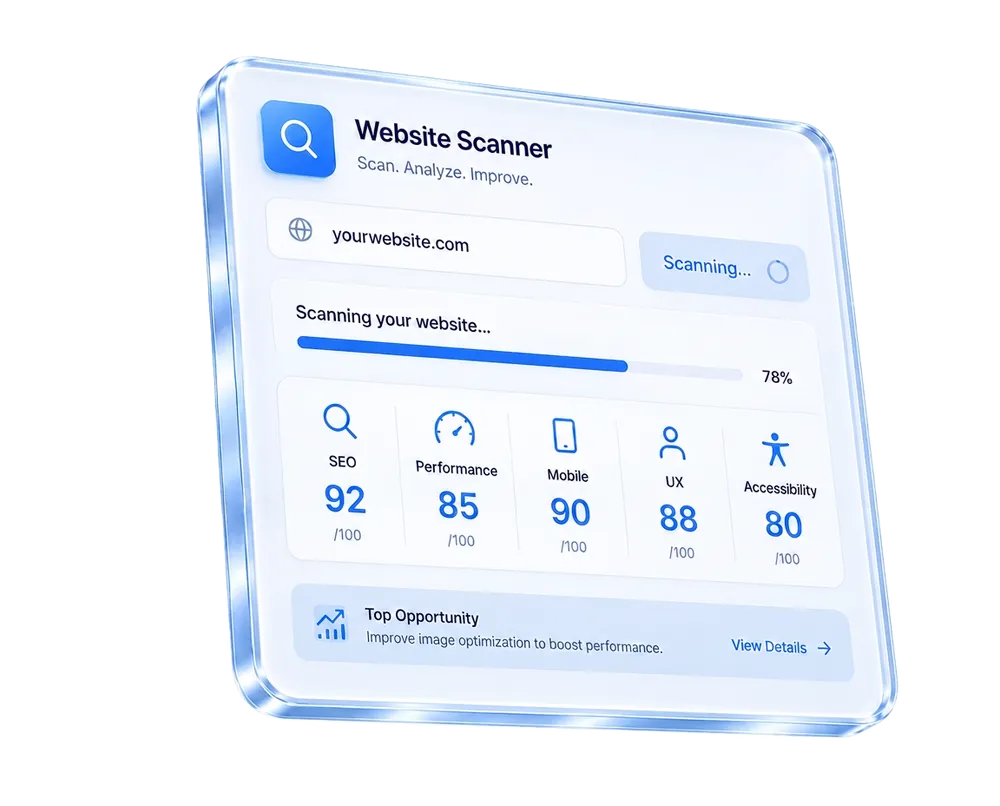 Website scanner widget showing performance and SEO scores