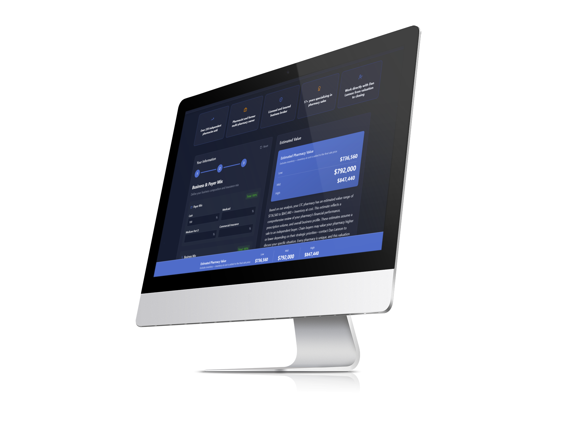 Pharmacy CBS valuation calculator displayed on an iMac