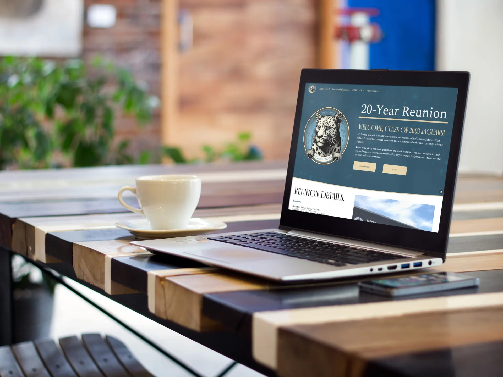 Class reunion event landing page on a laptop
