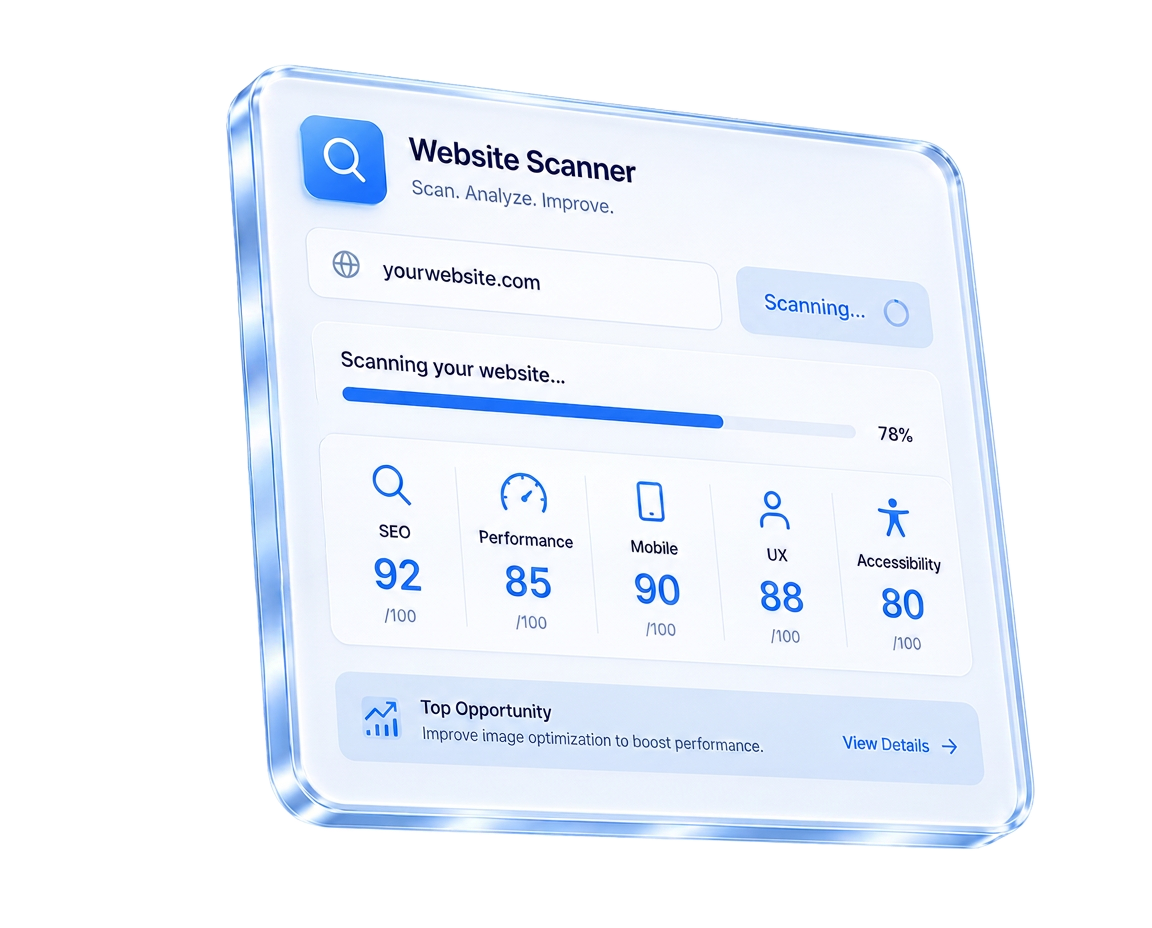 Website scanner widget showing performance and SEO scores