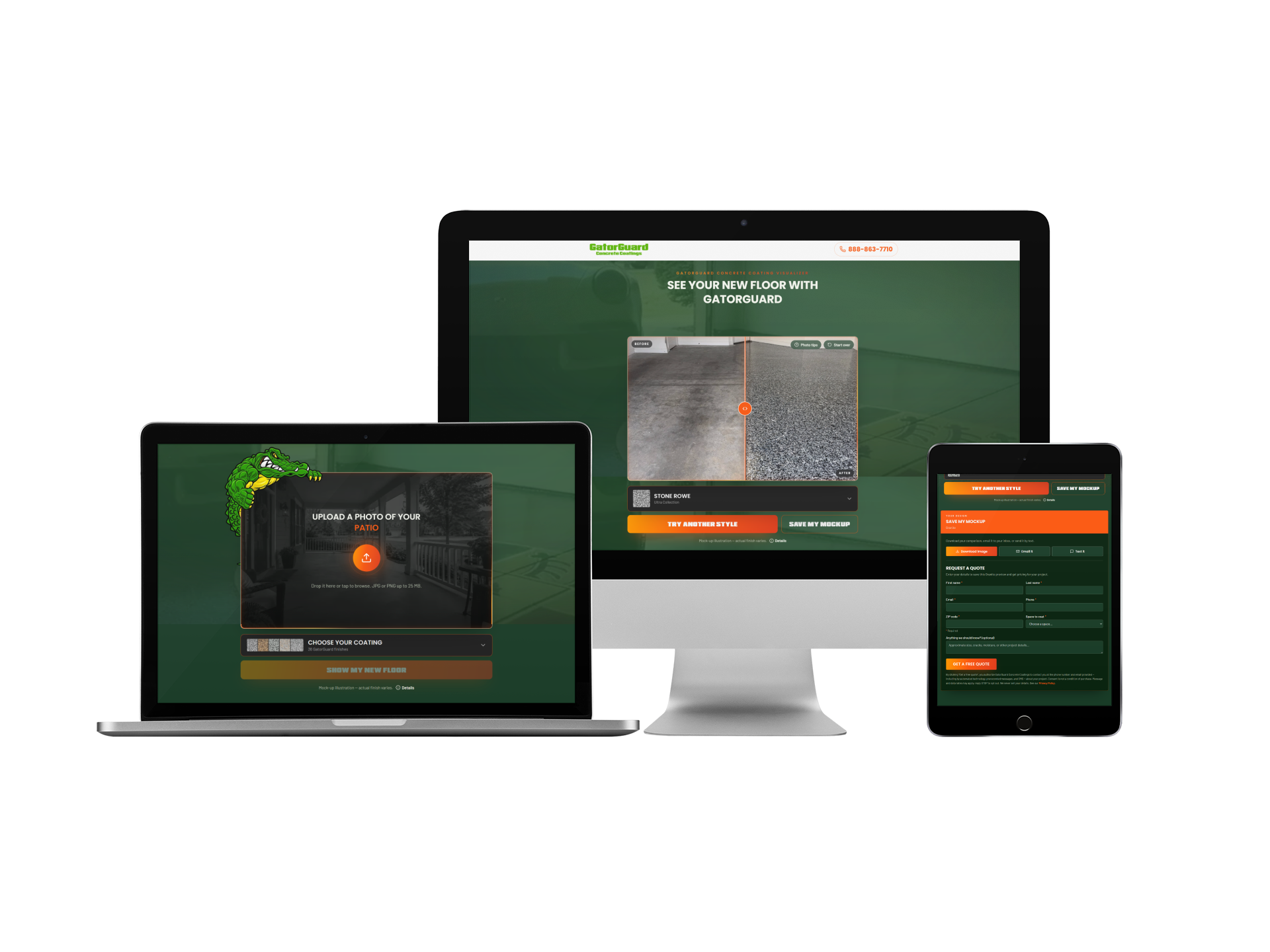 GatorGuard floor visualizer shown across desktop, laptop and tablet screens