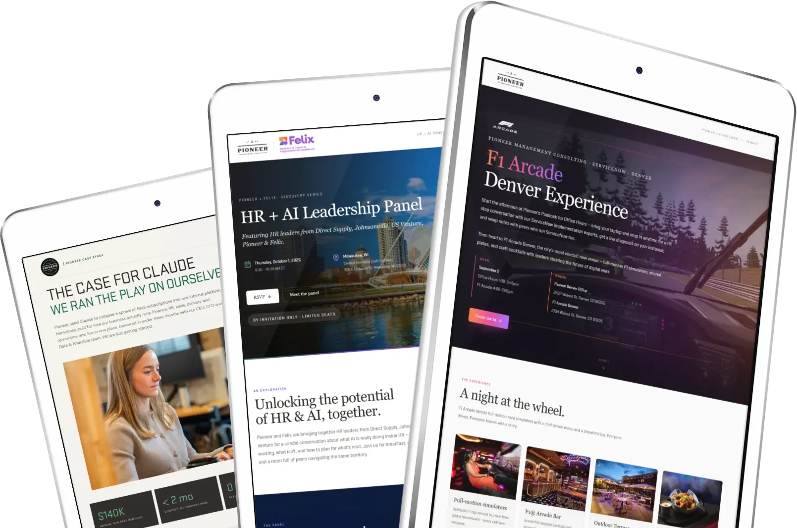 Pioneer event landing pages shown on three tablets